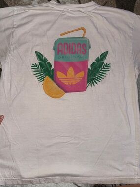 adidas Originals White Tee with Pink & Teal Juice Can Graphic